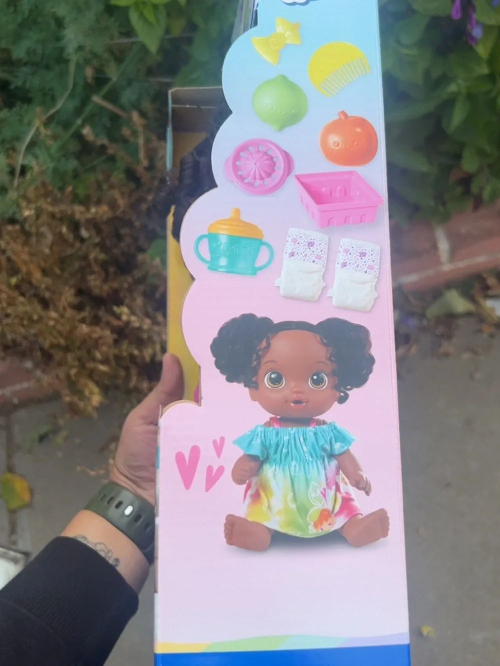 Hasbro Baby Alive Brown Doll in Green Fruit Dress with Pink Accessories